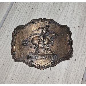 Vintage Pony Express Brass Belt Buckle Western Theme Horse and Rider Cowboy